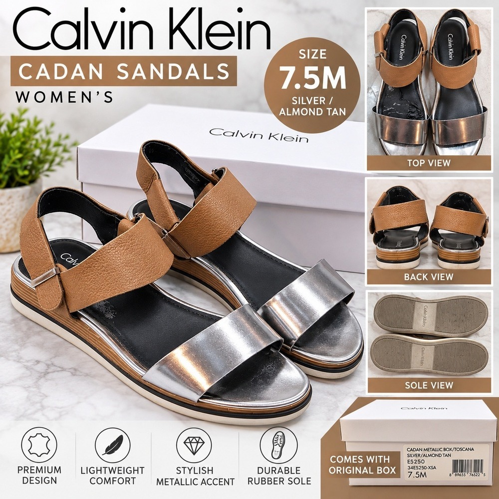 Calvin Klein Cadan Sandals Womens 7.5M Silver Almond Tan E5250 Metallic Shoes